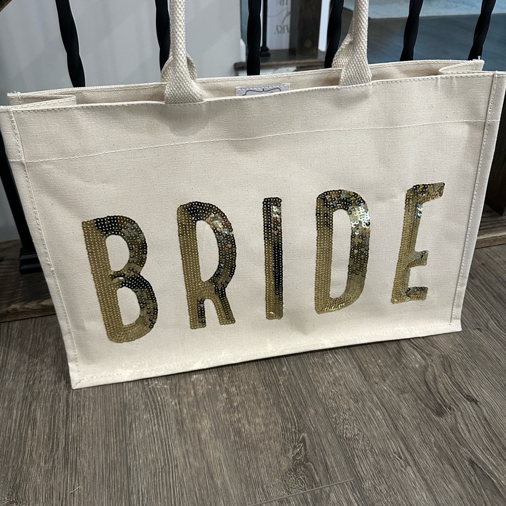 Mud Pie Cream Tote with Gold Sequin 'Bride'